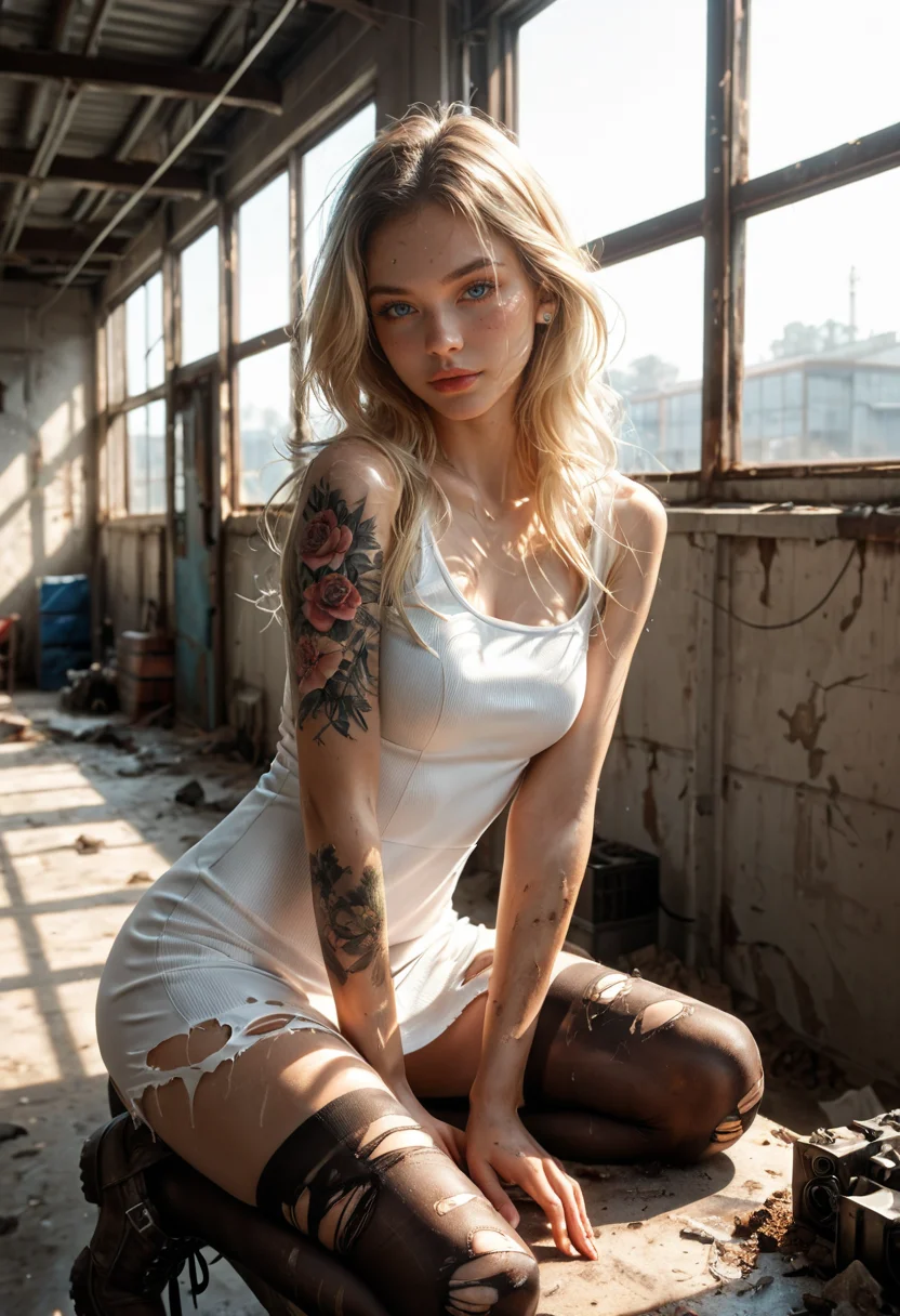 score_9, score_8_up, score_7_up, realistic,photorealistic, 1girl, beautiful young Russian female, blonde hair, blue eyes, standing in an abandoned industrial warehouse, looking at viewer, wearing a sexy white tight dress, torn black stockings, sitting on a rusted metal beam, one leg bent, the other extended, body slightly leaning forward, hand resting on thigh, body covered in dirt and bruises, intricate tattoos on her arms and shoulders, broken windows casting dim light on her skin, scattered debris and machinery around, post-apocalyptic atmosphere, ultra-realistic style, highly detailed textures, natural lighting, soft shadows, highlights, seductive pose, confident expression, <lora:Dramatic Lighting Slider:2>, <lora:t4tsXLP:1>
