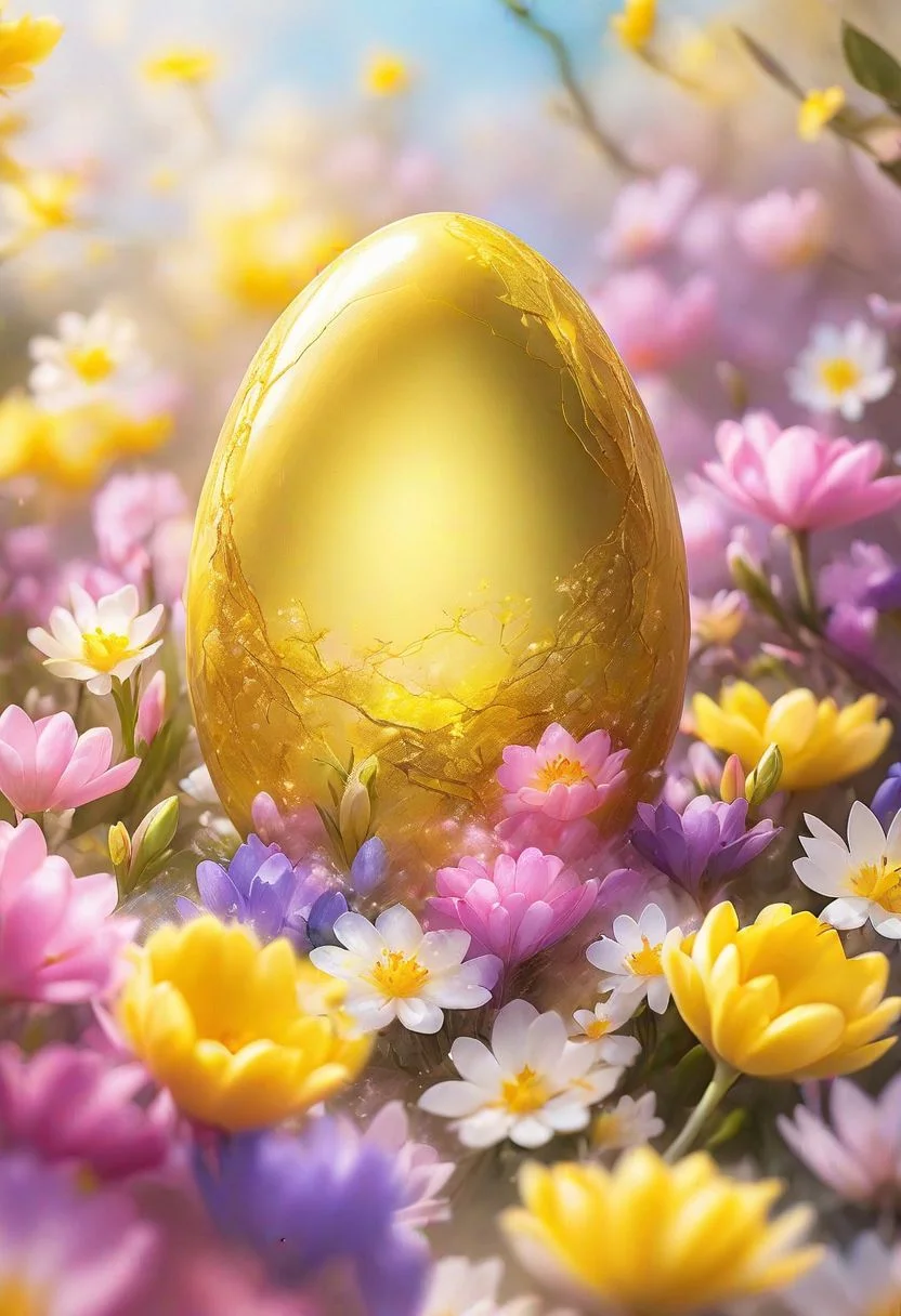 yellow Easter egg embodying the concept of rebirth, cracked surface revealing emerging, pastel colors dominate the scene, backlight casting a heavenly glow, nestled in a bed of vibrant spring flowers, soft-focus background, bokeh effect, natural light, ultra-fine details, digital painting.