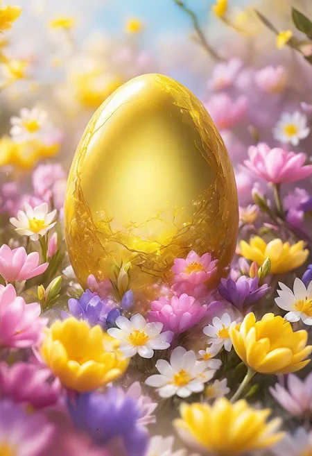 yellow Easter egg embodying the concept of rebirth, cracked surface revealing emerging, pastel colors dominate the scene, backlight casting a heavenly glow, nestled in a bed of vibrant spring flowers, soft-focus background, bokeh effect, natural light, ultra-fine details, digital painting.