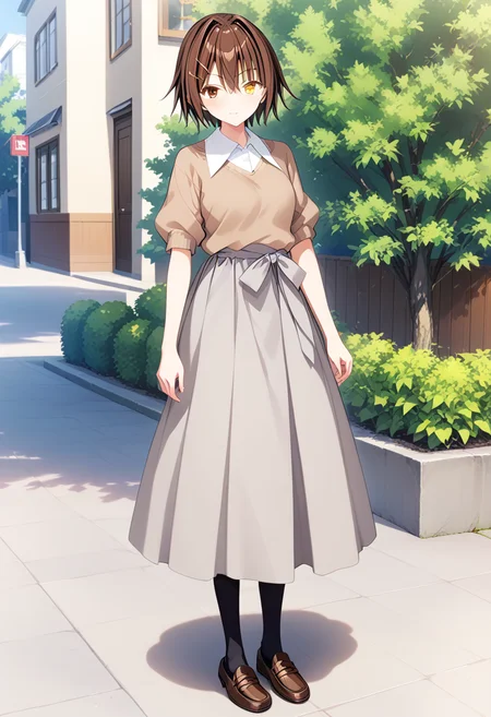 standing, full body, <lora:KC_03HC_furutaka_pony-000015:1>furutaka-kc, brown hair, short hair, brown eyes, yellow eyes, heterochromia,
furutaka214-kc, brown_sweater_grey_skirt, brown sweater, sleeves rolled up, grey skirt, long skirt, brown loafers, black socks,, score_9,score_8_up, score_7_up, source_anime, masterpiece, best quality, official art, official style, game cg, megami magazine, rating_safe, rating_questionable, <lora:Fixhands_anime_bdsqlsz_V1:0.75>,