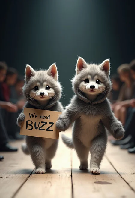Create a detailed, photorealistic image of two anthropomorphic Mankikon stumpy kitten walking down a fashion catwalk in a wolf-themed costume. The kitten is wearing a fluffy grey wolf costume with pointy ears and walking next to a truly majestic puppy. This scene should capture the cool of the innocence . The background should be a dimly lit catwalk and a blurred audience, putting the focus on the kittens and the puppy walking confidently down the catwalk. The image should evoke a sense of strength and companionship between the kitten and the wolf, like a fashion show a sign written"We need BUZZ"