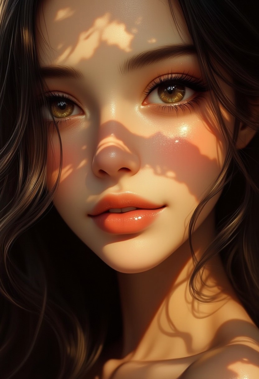 showcases a close-up portrait of a woman with delicate features. Her large, expressive eyes, adorned with long lashes and shimmering golden irises, draw the viewer in. The soft, natural lighting creates a warm glow on her skin, highlighting the gentle blush on her cheeks. Her full, glossy lips are parted slightly, hinting at a whisper or a secret. The focus on her face, with her dark hair cascading around her, creates an intimate and ethereal atmosphere. The subtle details, such as the faint reflections of light on her skin and the hint of a smile in her eyes, add to the overall sense of beauty and grace.