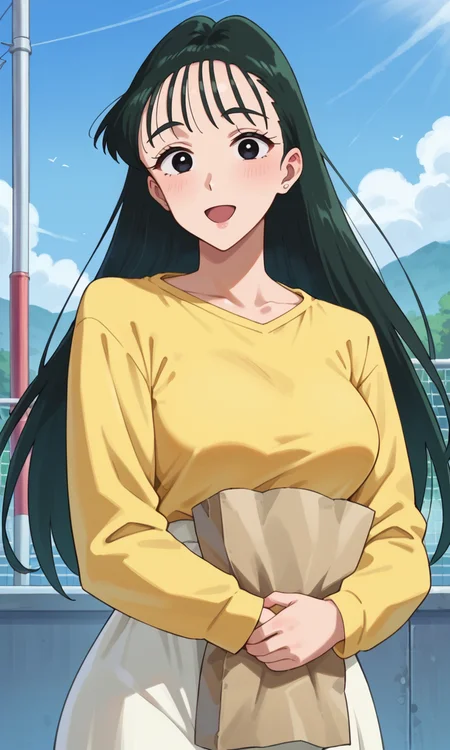 (1girl:1.5), (solo:1.3), (score_9, score_8_up, score_7_up, score_6_up, score_5_up, score_4_up), (source_anime), rating_questionable, looking at viewer, (upper body:1.3), smile, open mouth, outdoors, blue sky, 
 <lora:ohara-nanako_v2:0.8> (ohara-nanako), (black eyes, eyebrows, green hair, long hair, hair slicked back, wispy bangs, receding hairline), (large breasts, wide hips, thick thighs),
 (yellow shirt, long sleeves, white skirt, miniskirt, hug paper grocery bag, apple)