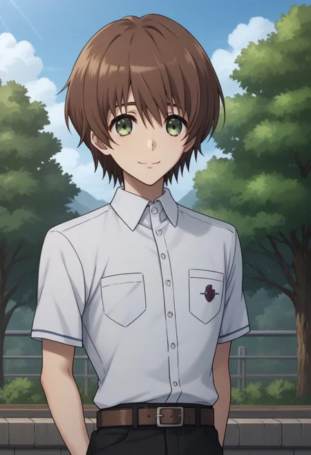 score_9, score_8_up, score_7_up, source_anime, highly detailed,
yuyamochizuki, 1boy, male focus, solo, brown hair, shirt, short hair, green eyes, upper body, white shirt, short sleeves, collared shirt, school uniform, breast pocket, bangs, pocket, smile, belt, pants, black pants, hands behind back,
outdoor, sky, tree