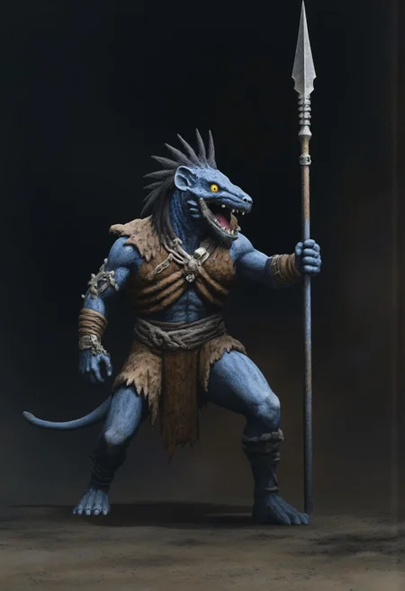 b3rs3rk macro lens d4concept pov, 3D01S, simple background d4artstyle atmospheric and powerful MikeFranchinastyle dark fantasy, natural organic and first person pov of a berserk style creature in the Tsutomu Nihei style
Anthropomorphic reptilian warrior, fusion of dragon, rat, and kobold traits. Muscular bipedal body with blue-gray scaled skin, transitioning to lighter underbelly. Elongated snout with sharp teeth and small protruding fangs. Large, expressive yellow eyes with vertical pupils. Distinctive head features: frilled ears like a kobold, spiky black mohawk running down neck. Armed with primitive weapons: wielding a long spear with metallic tip, dagger at hip. Dressed in leather armor: brown chest piece, tattered loincloth, arm guards, and leg wraps. Adorned with tribal jewelry: bone necklace, metal arm bands. Clawed hands and feet with opposable thumbs. Long, thick tail for balance. Skin texture highly detailed: mix of smooth scales and rough, battle-scarred patches. Pose: alert fighting stance, spear at the ready. Background: misty swamp or dim forest setting. Lighting: moody, emphasizing form and texture. Style: hyper-realistic 3D render with painterly touches. Atmosphere: primal, dangerous creature in its natural habitat.
UHD letterboxed game trailer frame chromatic aberration dark atmosphere sharp masterpiece with a focus on the character, elden ring, dark atmosphere