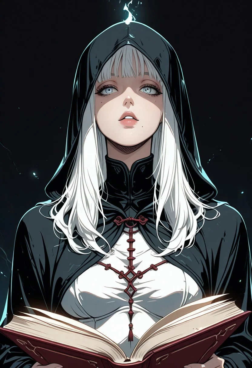masterpiece,best quality,amazing quality,very aesthetic,absurdres, newest, anime coloring, 1girl, upper body, white hair, long hair, bangs, looking at viewer, light blue eyes, parted lips, mole under mouth, black cloak, open book, holding book, dark background, hood up, looking to the side, looking at viewer, <lora:dark_art_style_illustriousXL:0.7> dark_art_style, k4l1s4m111