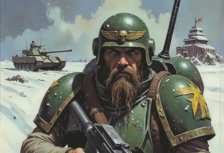 The image is a digital painting depicting a rugged, bearded man in a warhammer 40k military uniform. He is wearing a green helmet adorned with a golden emblem featuring a skull and wings, suggesting a connection to a specific military unit or faction. The helmet has a visor, which is slightly raised, revealing his intense expression. Snowflakes are visible in the air, indicating a cold, wintry environment with dramatic sky. 
The man's armor  is predominantly green and scratched , suggesting he is experienced warrior. He carries a large, black rifle slung over his shoulder, with the butt resting on the ground, and the barrel pointing towards the left side of the image. His face is covered with a thick beard, and his eyes are focused intently forward, conveying a sense of determination and vigilance.
The background features a battle tank with large, snow-capped base in the distance. The snow is falling heavily, creating a sense of urgency and isolation. The colors in the painting are vibrant and cold, with shades of green, grey, and white dominating. The overall mood is one of tension and resilience in a hostile environment. colorful, vibrant colors,color contrast,light particles, high saturation,deep rich colors,vivid colors,shimmer,dramatic,centered,depth of field,directional lighting,godrays,(close-up),warhammer 40k universe, ultra detailed,