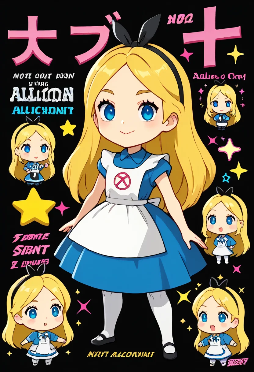 source_anime, AliceWaifu, blue eyes, blue dress, white pantyhose, apron, black hairband, blonde, chibi, full body, vx90pv, neon colors, sparkle, star (symbol), english text, black background, simple background, <lora:vichox_90s_poly_vaporwaveart:1>, <lora:AliceInWonderlandXLPony_character:1>