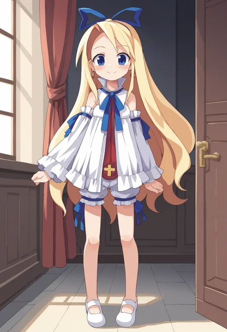 score_9, score_8_up, score_7_up, score_6_up, score_5_up, score_4_up , anime coloring ,BREAK source_anime, anime screencap,
1girl, solo,disflonne, blue eyes, bare shoulders, base flonne outfit, blue neck ribbon, blue hair bow, underwear, detached sleeves, white footwear, white bloomers, yellow earrings, <lora:PonyXL Flonne V3:1>
indoors, looking at viewer, smile,