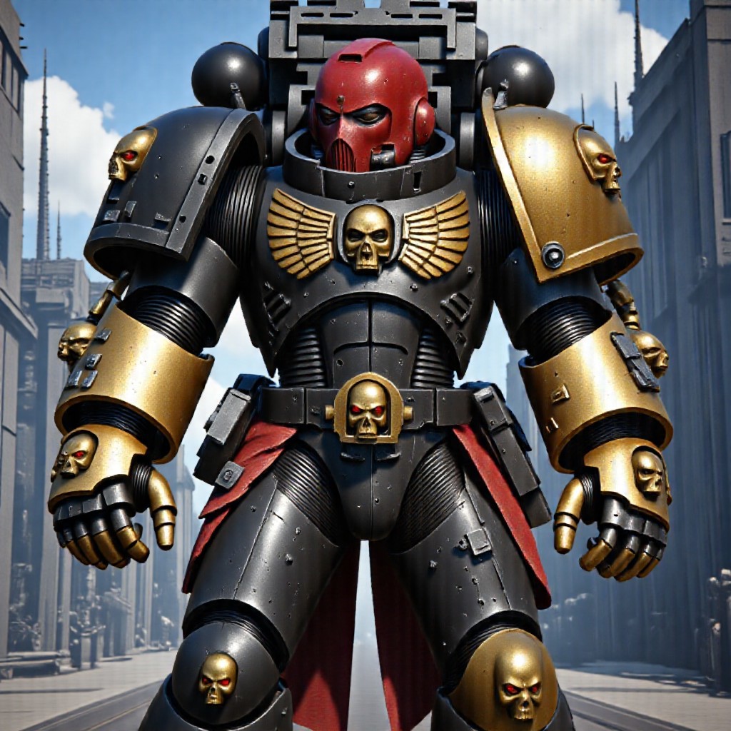 Score_9_up, absurdres, Source: GamesWorkshop, best quality, expressive eyes, perfect face, perfect hands, perfect anatomy, space marine, Deathwatch Astartes Chapter sergeant with large power fists, red astartes helmet, power armor, full body, volumetric lighting project unreal engine, mantisdetailerse, adddetails, DeathW40k, <lora:warhammerAdeptus_v1:0.7>,
