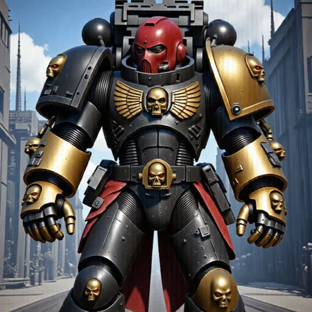 Score_9_up, absurdres, Source: GamesWorkshop, best quality, expressive eyes, perfect face, perfect hands, perfect anatomy, space marine, Deathwatch Astartes Chapter sergeant with large power fists, red astartes helmet, power armor, full body, volumetric lighting project unreal engine, mantisdetailerse, adddetails, DeathW40k, <lora:warhammerAdeptus_v1:0.7>,