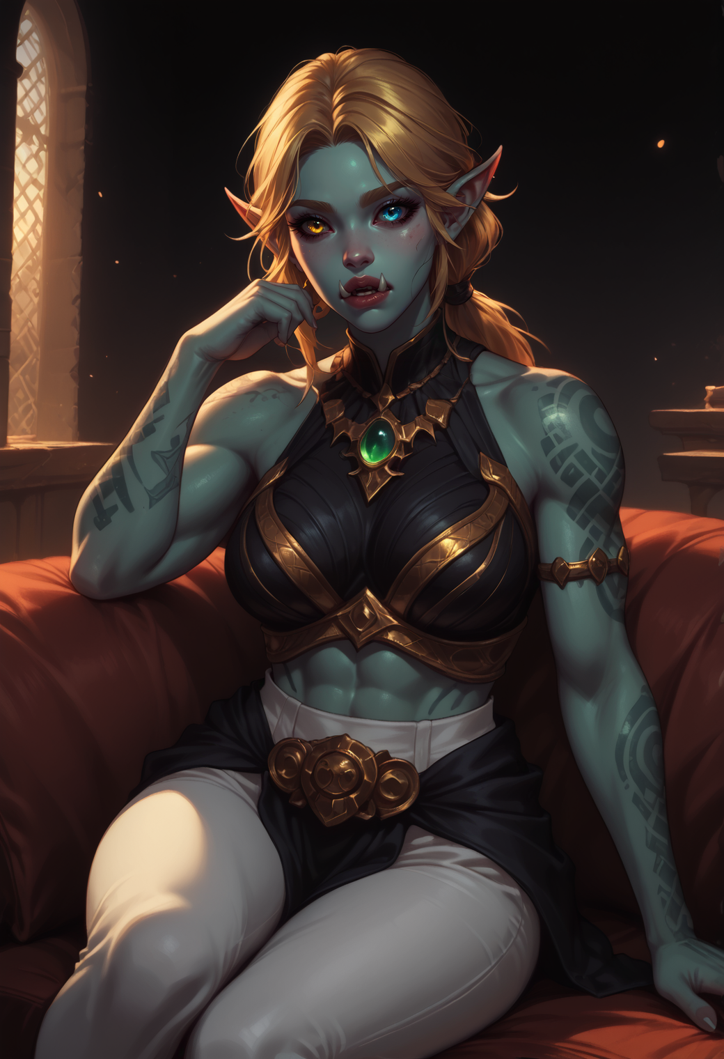 safe_pos, score_9, score_8_up, score_7_up, source_anime, source_western, source_comic BREAK 1girl, solo, half orc, dark gold hair, low ponytail hair with hair tie, heterochromia, colored skin, celtic tattoo, Reddish skin, toned body, large breasts BREAK <lora:Orc:0.7> Half Orc, (fangs), pointed ears, black sclera, colored skin, (tusks), fantasy BREAK fantasy, (curious:1.0), eye twitch,inhale, inside, palace, bedroom, reclining, sitting, knees up, against window, blue breastplate, white pants, metallic lips BREAK ((dynamic angle)), dramatic lighting BREAK <lora:vivid_everclear:0.4> <lora:RELSM_v1:0.5> <lora:FantasyGPT4VLycoXL:0.6> <lora:FNTS:0.6> FNTS, <lora:Expressive_H:0.6> Expressiveh, <lora:pony_good_hands:0.7> good_hands BREAK <lora:reij-va:0.8> reoj-va, green vibrant grading, black background