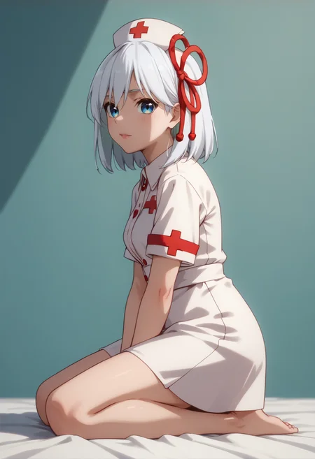 score_9, score_8_up,
1girl,  <lora:AmagamiAsahi_Amagamisan_PDXL:0.9>, amagamiasahi, blue eyes, white hair, red ribbon, hair ribbon, medium hair,
nurse uniform, looking at viewer, from side, kneeling