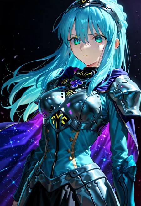 score_9, score_8_up, score_7_up, ((solo)), calm, pout, closed mouth, 1girl, solo, (medium breasts, thin waist, wide hips), peaceful, closed mouth, adult, (((eirika face))), (((cyan hair, cyan eyes))), ((long hair, hair between eyes)), (((indigo cape, metal headband, green metal_uniform, metal breast_armor))), no background, dark background, cowboy shot, dark background, portrait, Expressiveh,