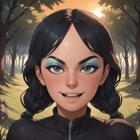 score_9, score_8, BREAK, solo, mii, wii, black hair, big nose, half-tree shaped nose, gray eyes, black eyebrows, makeup, blue eyeshadow, blush, open mouth, buck tooth, black clothing, black leggings, big breasts, 1girl, wii sports, female mii, shoes, Eva_(\Wii_Sports\), Nintendo Mii, modern_mii, classic_mii, attractive, sexy pose, self portrait, smile, outdoors, sunlight, shadows, evening lighting, natural lighting, forest, trees, grass, orange sky, sunset
