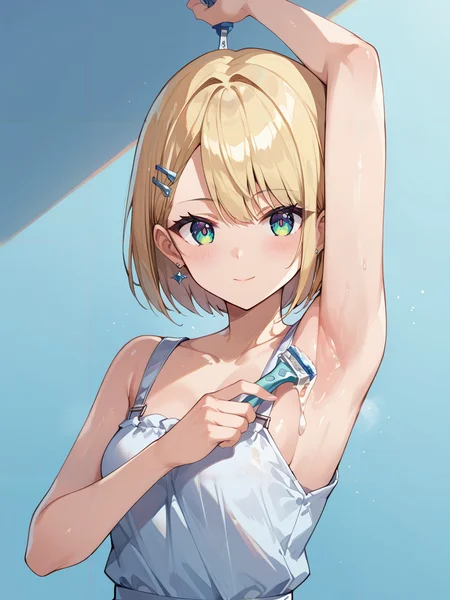 score_9, score_8_up, score_7_up,source_anime, high res image,masterpiece,quality,best quality,ultra-detailed,8K,illustration,CG,shiny hair,clear skin,ultra-detailed-eyes,simple background,cute girl <lora:shaving armpits hair_pony_V1.0:0.8> shaving armpits hair, armpits, holding razor, arm up,cream,armpits hair
