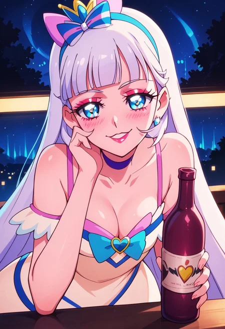 Expressiveh, score_9, score_8_up, score_7_up, score_6_up, score_5_up, score_4_up, godrays, 1girl, pose, smile, looking at viewer, hotel bar, neon, color lights, dim, night, (bent over table), face focus, sexy, ((holding a bottle of wine)), drunk, (glittering pastel clothing, glossy sparkling fabric) makeup, long eyelashes, glossy lipstick, (soft blush), eyeshadow, hand on the cheek
(((cure nyammy, wonderful precure!))),