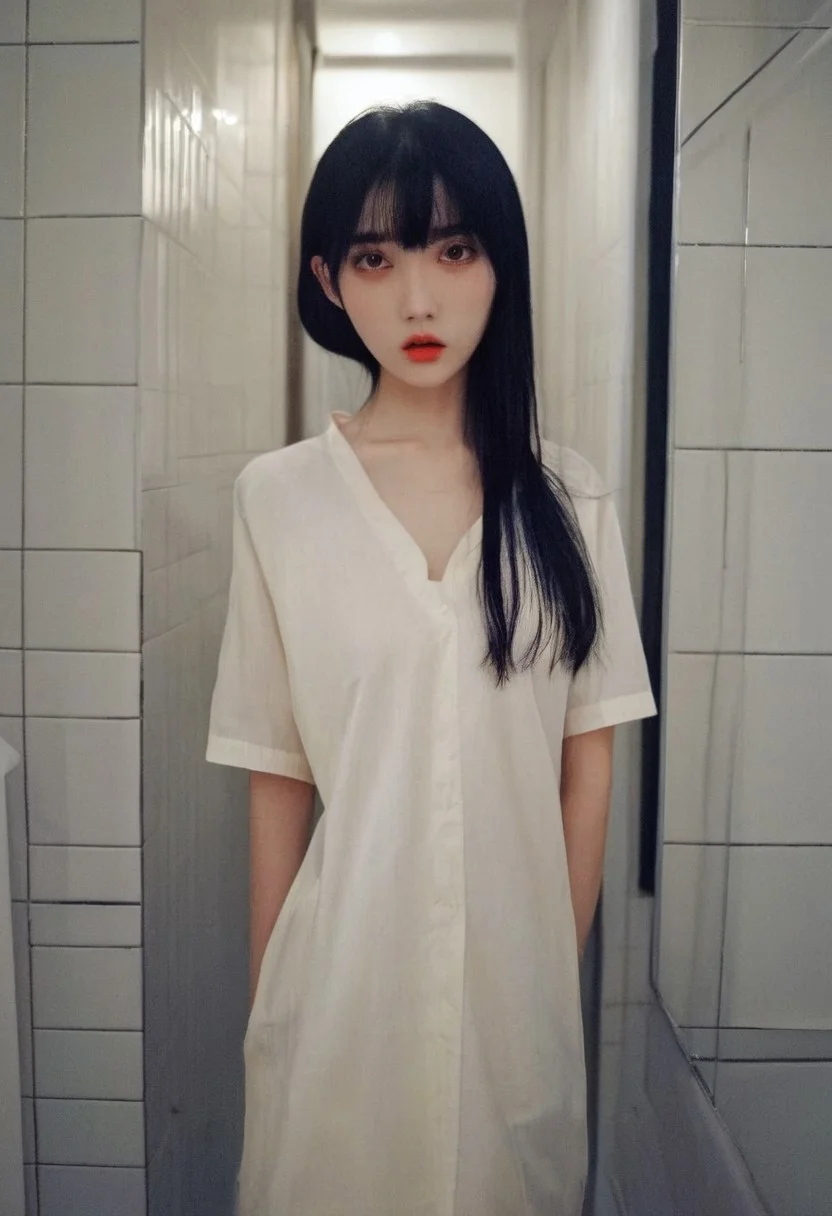 blurry, instagram,photo taken with iPhone,a woman named artgravia ,solo, black hair, long hair, looking at viewer, parted lips, bangs,face close-up,indoors,makeup,tile wall,bathroom, high detail skin <lora:artgravia model-SDXL-V5:0.8>