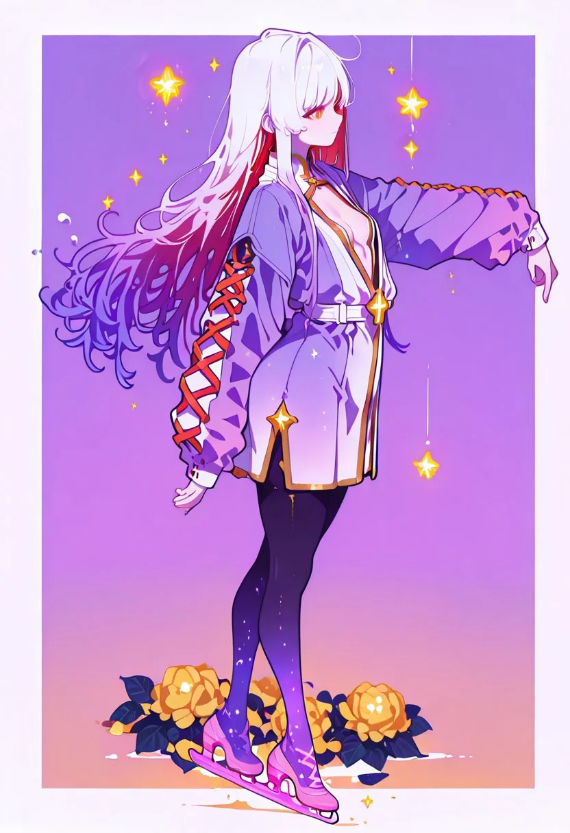 masterpiece, best quality, good quality, newest, highres, absurdres, 
goddess dress,cleavage,plunging neckline,
full body shot, <lora:Camus Morgue _ Revenge of the Iron-Blooded Sword Hound _ Illustrious_epoch_7:1>
Camus_Morgue_mage, 1 girl, solo, red eyes, fair skin, long red hair, side-swept bangs, straight hair, purple gradient tips, medium breasts, solo, from side, ((from above)) , dark skin, looking side, inner hair color, white hair , gradient hair,
long hair, messed hair , orange  eyes,
, ultra detailed eyes, flat chest  , [[[abs]]],
nurse outfit, medium  skirt, thick black pantyhose, pumps
, oversized sports jacket, Yellow roses, gradient purple background with thick white border, star,  balloons, drooping breasts, soft breasts, thick hips, thin, pink skates, skating smoothly,
Dynamic pose, sexy pose, 
hydrangea, laced sleeves, Ethereal Brushstroke, Flat vector illustration,