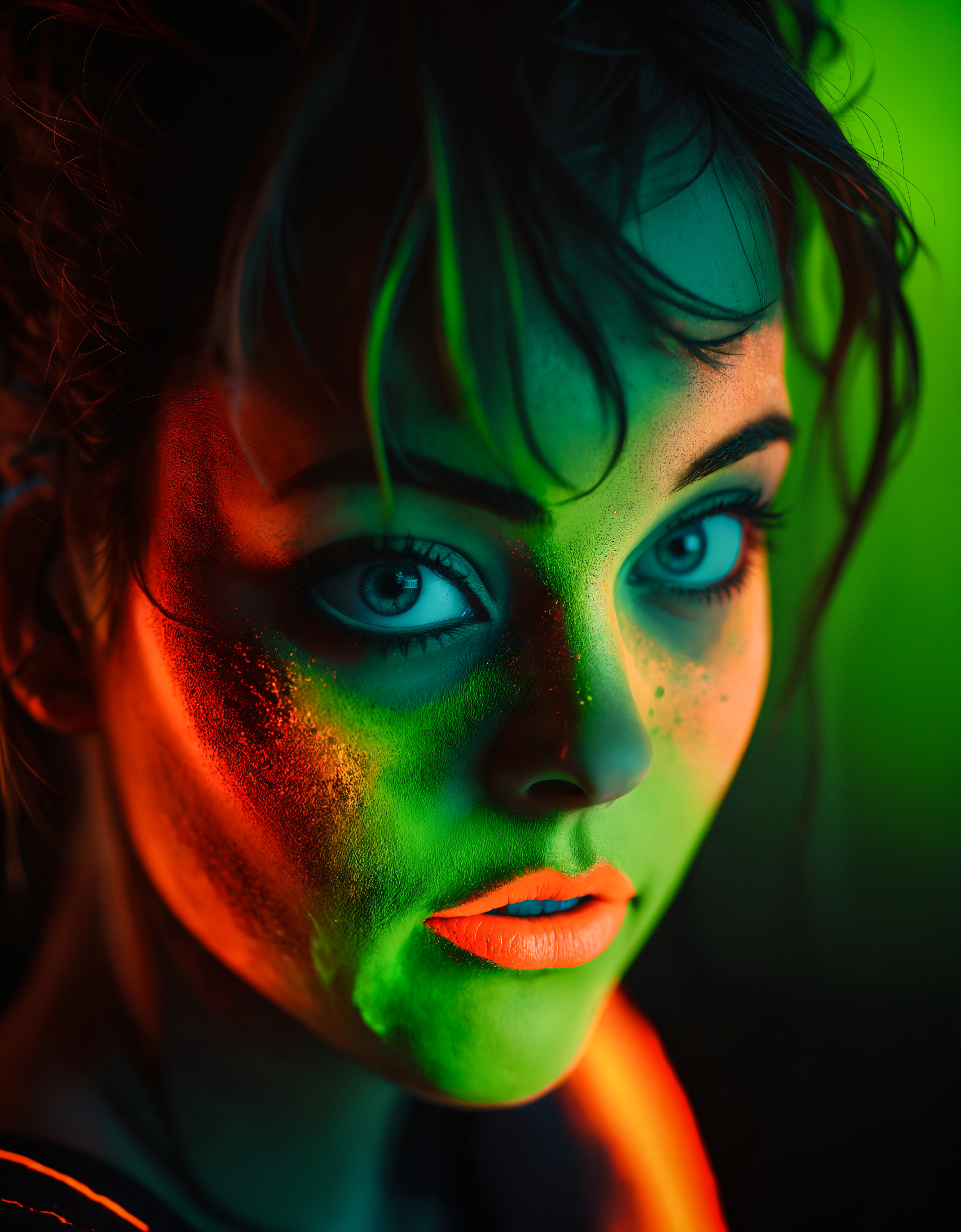 zavy-flrscnc, fluorescent, glowing dust, fluorescent dust, fluorescent spraypaint, fluorescent grain, dust, cinematic film still of a beautiful macro face close-up of a young woman, bright eye, photorealistic, 100mm f/2.8 macro lens,