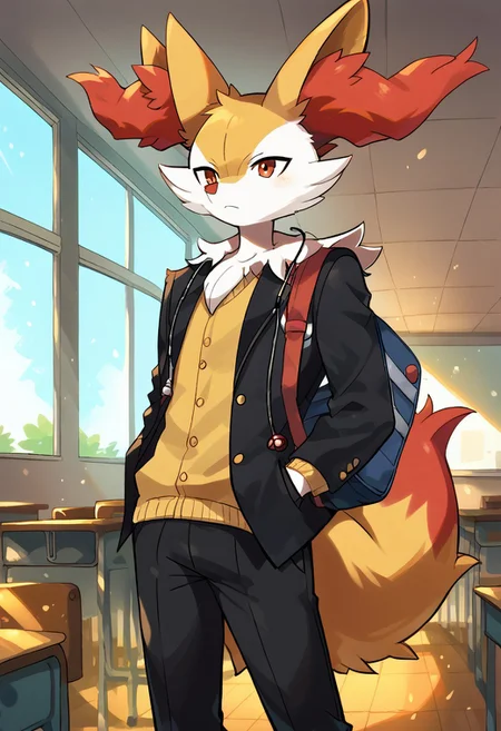 score_9, score_8_up, score_7_up, rating_safe, anthro, 1boy solo, furry, Braixen_(Pokemon), no humans, Yellow-White Fur, school uniform, gakuran, hand in pocket, pants, black pants, long sleeves, jacket, headphones,Braixen_\(Pokemon\), Yellow-White Fur,Two-Tone Fur,Crimson Eyes,Black furred legs,pointy ears,Red Ear Fluff,Red Tipped Tail, male school uniform,AddXL,ITMStyle, dynamic background, detailed background, school bag, indoors, school desk, classroom, carrying guitar case,