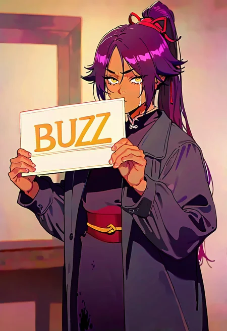 Masterpiece, Best Quality, Best Score, Best 
depth of field,realistic,  anime coloring,anime screencap,(best quality)source_anime,(masterpiece:1.2),best quality, 1girl,score_9,score_8_up,score_7_up,source_anime,(((holding a sign with the inscription  "BUZZ":2))), cute pouting expression, dirty Yoruichi Shihouin, very dirty spots and very torn clothes, black old men's jacket, a dusty street, wall background
Anatomy,ultra deitailed, shiny brilliant yellow eyes
crying, black men's jacket, BUZZ
<lora:add-detail-xl:1>, <lora:nyalia_NoobXL:0.3>, <lora:cutesexyrobutts_style_illustrious_goofy:0.2>,  <lora:nabibutterILLUS:0.1>, usnr, <lora:USNR STYLE_XL_loha:0.9>,