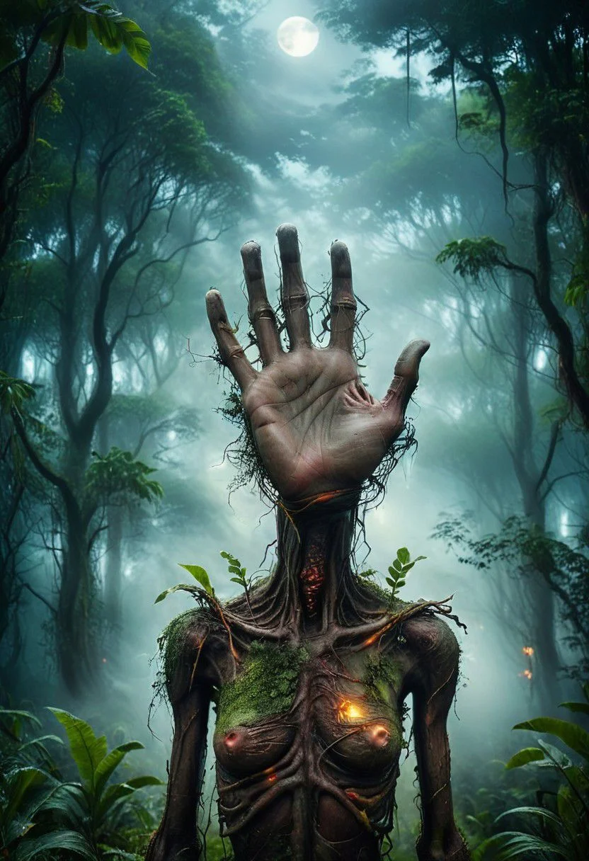 a cinematic portrait of a very toned standing creature through an tropical forest at full moon night by [Paul Barson and by Joachim Brohm], colored enchanted forest, scrupulous drawing face, hypperrealism detailled surrealism,  (((surrealism fog))), whimsical, creature light by the moon of a strange environment, character, digital POV,2048x2048, creature turns her head to challenge the viewer, perfect hands drawing, "scrupulous respect for the anatomy of the hands", bokeh, in a scenic environment surrealism whimsical by Paul Barson and monochromatic by Joachim Brohm.