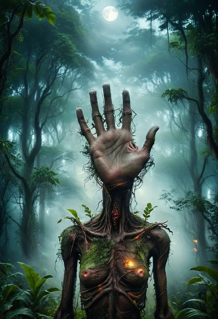 a cinematic portrait of a very toned standing creature through an tropical forest at full moon night by [Paul Barson and by Joachim Brohm], colored enchanted forest, scrupulous drawing face, hypperrealism detailled surrealism,  (((surrealism fog))), whimsical, creature light by the moon of a strange environment, character, digital POV,2048x2048, creature turns her head to challenge the viewer, perfect hands drawing, "scrupulous respect for the anatomy of the hands", bokeh, in a scenic environment surrealism whimsical by Paul Barson and monochromatic by Joachim Brohm.
