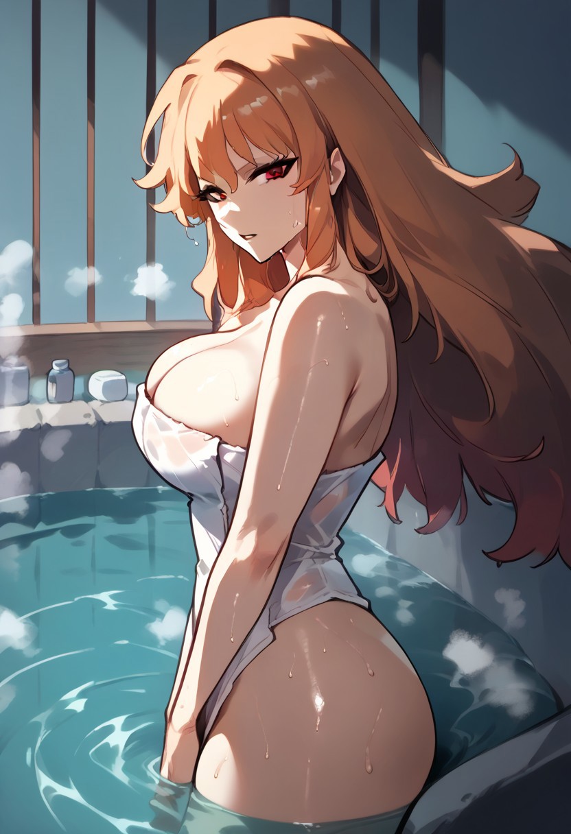 zPDXL3, score_9_up, score_8_up, score_7_up, (Anime_source), 1girl, Gina, red eyes, light orange hair, large breast, long hair, towel, covering, parted lips, sitting in hot tub, cowboy shot, steam, wet, looking at viewer, from side, from above