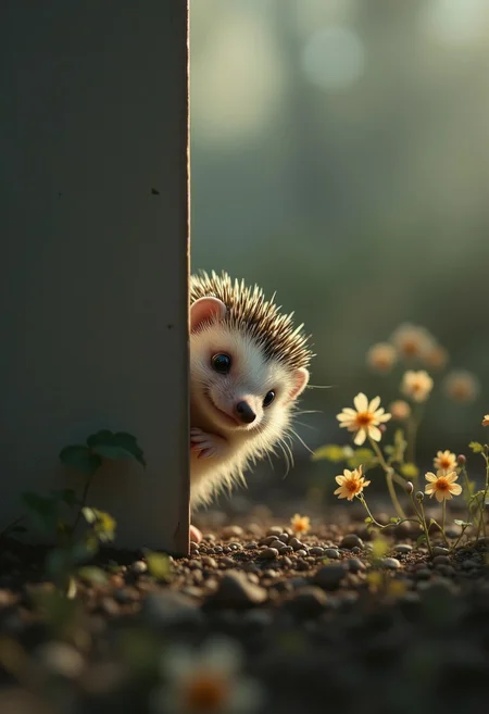 A whimsical chubby magician hedgehog peeks into the right side of a vertical canvas, its large, curious eyes staring directly into the frame as if observing the viewer. The frame itself appears to bend slightly, reacting to the creature's playful presence, creating the illusion that it's part of the scene, Vibrant Glow, rule of third, gold number proportions, dutch angle, perfect cinematic light