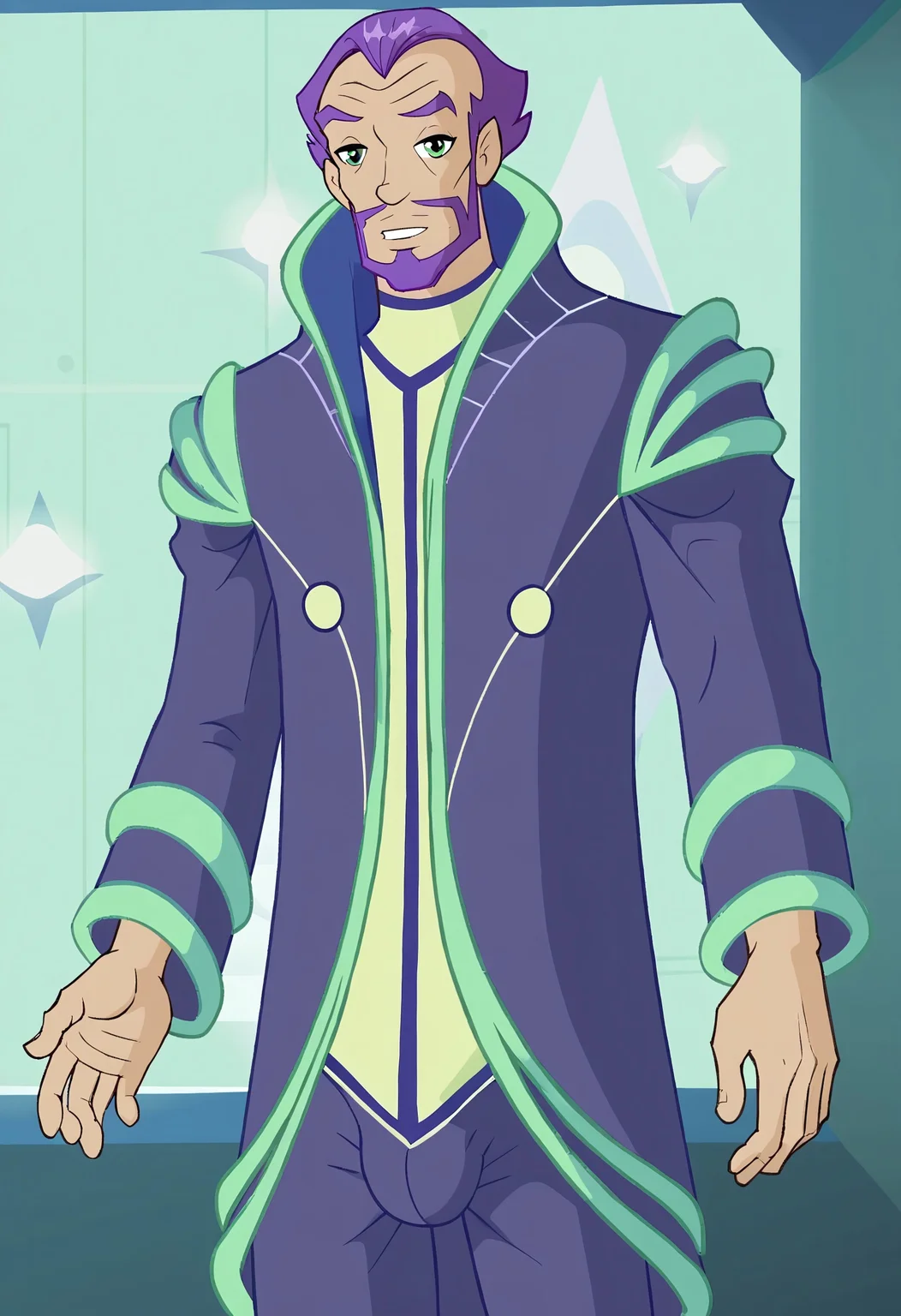 safe_pos, score_9, score_8_up, rating_nsfw, ultra hd, absurdres, best quality, masterpiece, detailed linework, masculine, manly, solo, 1male, male focus, best anatomy, best eyes, best hands, best aesthetic, erotic, nsfw, gay porn, winx club art style, cartoon screenshot, BREAK
WinxElectronio, purple hair, beard, facial hair, coat, purple coat, futuristic clothing, green eyes, looking at viewer, view from front, full-body view, bulge