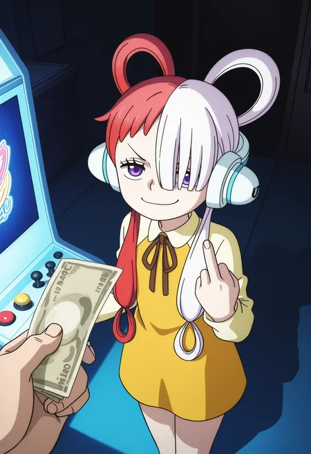 1girl, uta_\(one_piece\), red hair, white hair, multicolored hair, hair rings, low twintails, hair over one eye, purple eyes, headphones, yellow dress, 
smug, v-shaped eyebrows, half-closed eyes, one hand middle finger, looking at viewer, looking up, 1other, pov hand, pov holding money, cowboy shot, dutch angle, from above, 
indoors, arcade, arcade cabinet, dark room, night, shaded, 
masterpiece, best quality, ultra-detailed, very aesthetic, illustration, perfect composition, intricate details, absurdres, official art, official style, source_anime, anime screencap, anime coloring, newest, intricate, hires textures, high detail, 4k, incredibly detailed, perfect anatomy, UHD, 8K, 
<> <lora:OP-uta_XL(ill01)v10d:1>