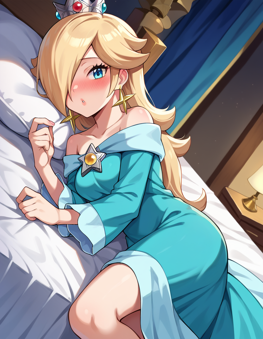 score_9, score_8_up, score_7_up, source_anime,
rosalina, <lora:princess-rosalina-ponyxl-lora-nochekaiser:1>,
rosalina, blonde hair, blue eyes, hair over one eye, long hair,
blue dress, crown, dress, earrings, jewelry, princess, robe, star earrings,
indoors, bed, bed room, on side, blush, drunk,
looking at viewer, dutch angle, cowboy shot,