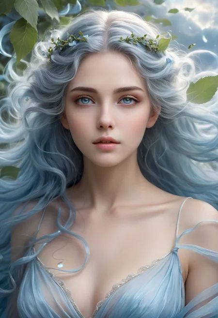 "A stunning photograph of a beautiful female air elemental. She has a delicate, ethereal appearance, with flowing, translucent hair that seems to be made of wisps of clouds and mist. Her skin is pale and glows softly, almost as if lit from within. She wears a flowing, diaphanous gown that blends seamlessly with the surrounding air, billowing and swirling around her. Her eyes are a striking, piercing blue, filled with a sense of wisdom and serenity. She is surrounded by a gentle, swirling breeze, with leaves and petals caught in the air around her. The background is a serene sky with soft, pastel hues of dawn or dusk, adding to the mystical and otherworldly atmosphere of the scene."