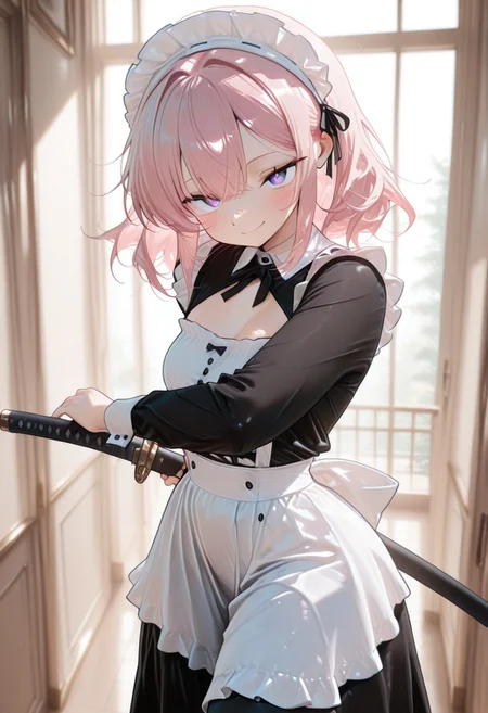 (masterwork, masterpiece, best quality, hyper-detailed, 8k uhd:1.4),
1girl, solo, CivChan, purple eyes, pink hair, medium hair, maid uniform, standing looking sweet, coy, smiling sweetly, dark background,
iaidou,weapon, katana, holding sword, ready to draw, sheathed, unsheathing, scabbard,
masterpiece, extremely aesthetic, highly detailed, dynamic composition, vibrant colors, vivid colors, saturated,
<lora:LoraILXL10_YamiStyle_v1:0.8> <lora:CivChan:1> <lora:iaido_Illust_v1:1>