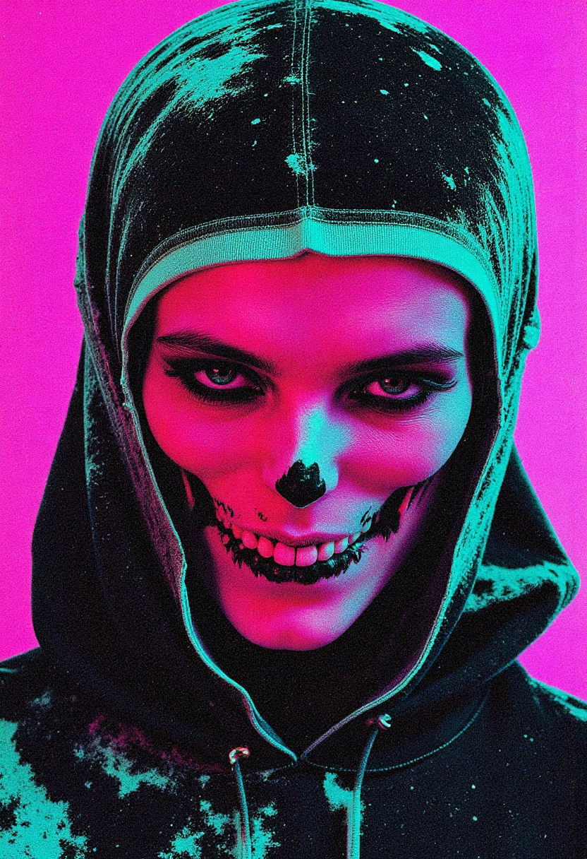 Analog photo, eerie and haunting extreme face close-up of a  skeleton with a weathered, menacing, surreal appearance, with an unnerving smile with missing teeth, striking eyes, and grotesque features. The skeleton wears the remains of a tattered hoodie with sci-fi elements. The eyes are shaded, sad and pained, with a contagious sorrow accentuating the intense, unsettling gaze. The macabre photograph is hyper-detailed, taken on an older analog camera, featuring a vibrant neon fluorescent monochromatic gradient background in bleached tones, combined with gray and white color grading for a dramatic effect. <lora:Reticulating_Noise_Gradient_Flux:0.3> Reticulating Noise Gradient, noisy, grain-shaded gradient, vibrant neon fluorescent hues, grainy, pixelated texture, filter-enhanced, stylized image, monochromatic color scheme, neon fluorescent theme, <lora:Wiz-Arcana-Spectral_Glow:0.45> spectral glow, chromatic grain, motion blur, diffuse silhouette, light leak effect, prism effect, inverted negative film, ethereal, <lora:alessio-albi-flux1-dev-v1-000090:0.5>,<lora:grignani-striped-000027:0.6>