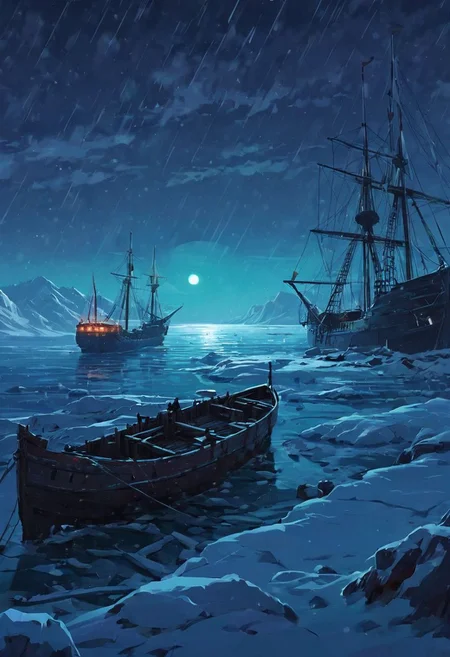 horror theme, dead of night, vast tundra, ships wrecked in the ice, "the terror", winter darkness, realistic, by Alena Aenami and [James Gilleard|Mark Lovett] in the style of [Shahab Alizadeh:Thomas Kinkade:0.25]