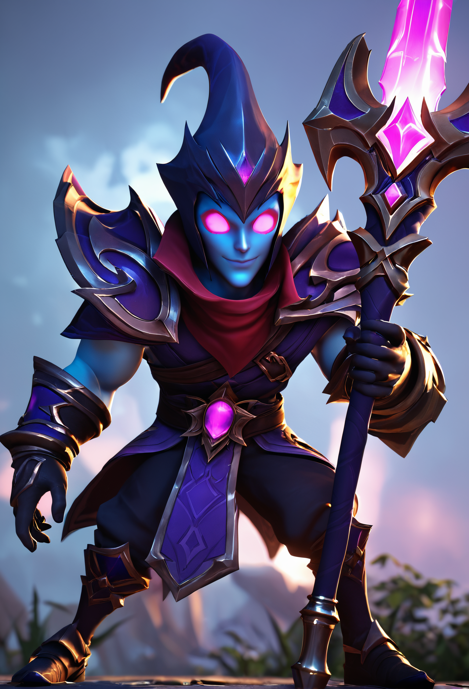 score_9, score_8_up, score_7_up, Lord Phantom Shadow,game male character, weapon in hand, big head small body, Q version, 3D, League of Legends