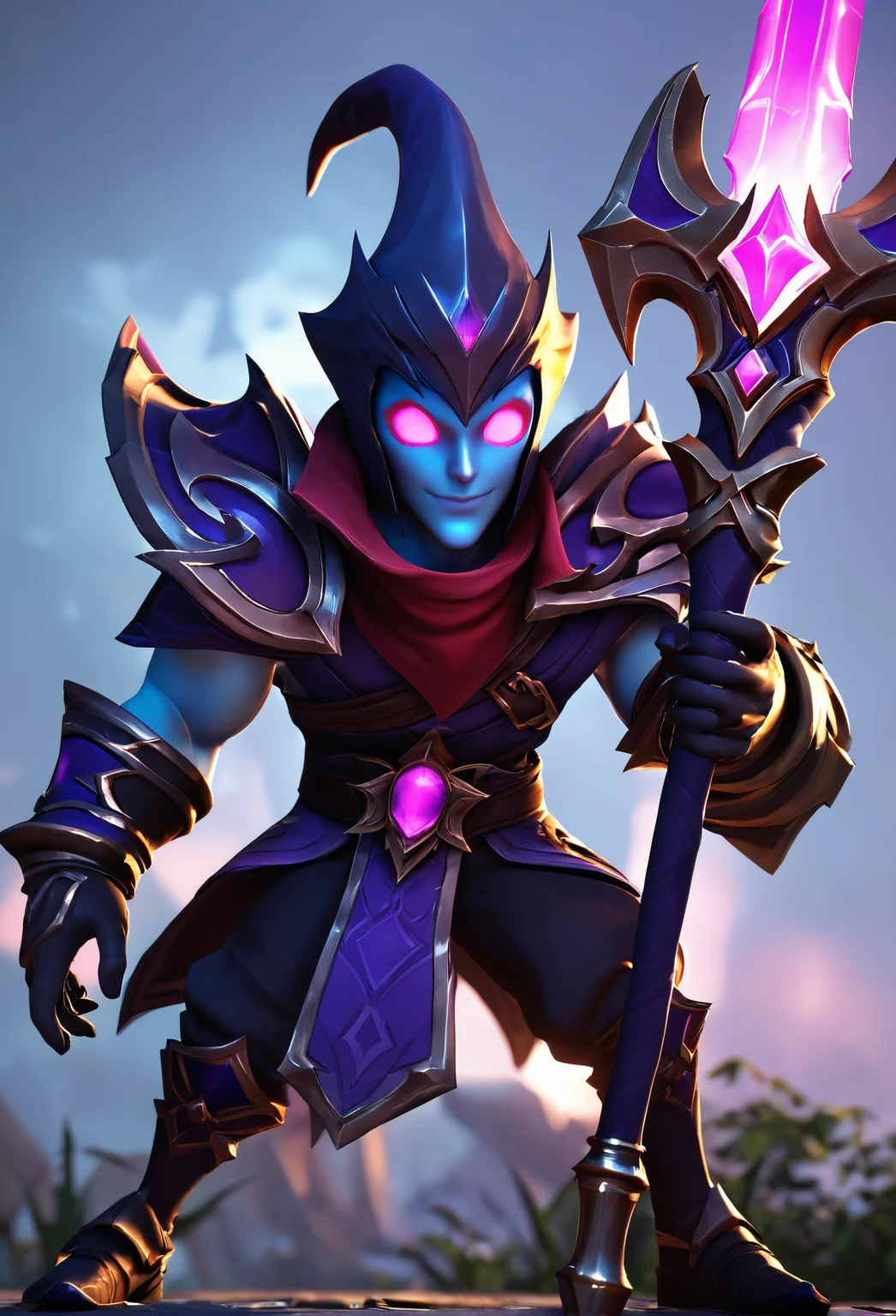score_9, score_8_up, score_7_up, Lord Phantom Shadow,game male character, weapon in hand, big head small body, Q version, 3D, League of Legends