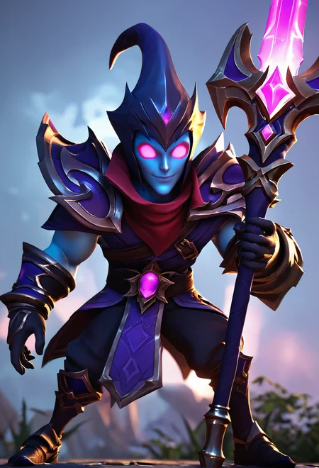 score_9, score_8_up, score_7_up, Lord Phantom Shadow,game male character, weapon in hand, big head small body, Q version, 3D, League of Legends