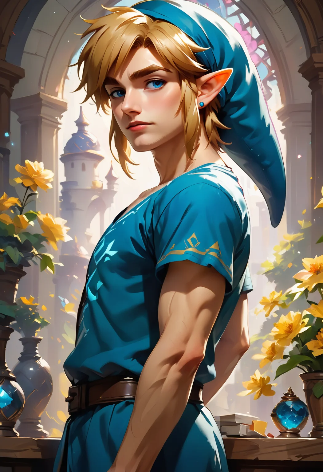 score_9, score_8_up, score_7_up, score_6_up, score_5_up, score_4_up, 1boy, Link from hyrule, side view, looking at viewer, masterpiece
