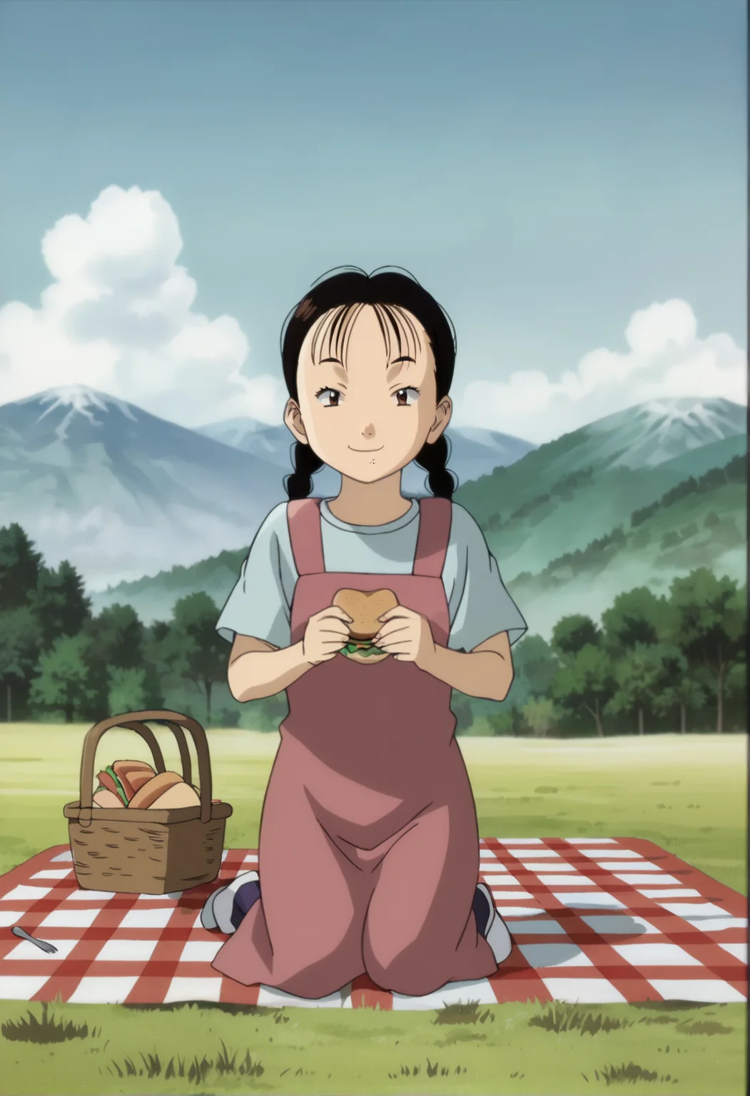score_9_up, source_anime, girl_from_burma, solo, full body.  black hair, brown eyes, smile, full body. kneeling. picking. eating a sandwich. picnic blanket. picnic basket. thermos,  braid, outdoors, sky, day,  twin braids, child, mountain, female child, anime coloring, 1girl,
