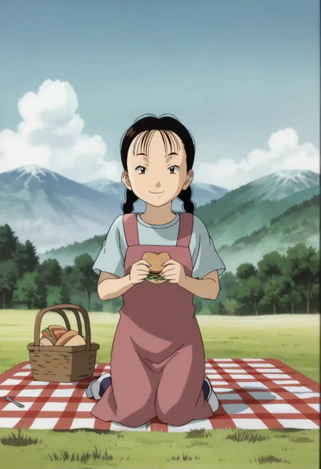 score_9_up, source_anime, girl_from_burma, solo, full body.  black hair, brown eyes, smile, full body. kneeling. picking. eating a sandwich. picnic blanket. picnic basket. thermos,  braid, outdoors, sky, day,  twin braids, child, mountain, female child, anime coloring, 1girl,