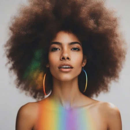 <lora:SDXL_rainbow_highlights_Sa_May:1> rainbow highlights a afro woman