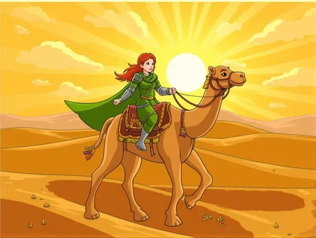 <lora:Coloring_Book_Style_FLUX.safetensors:1> a simple coloringbookstyle cartoon image in full color of
In the heart of a vast, sun-dappled desert, a lone warrior rides a majestic camel, their presence commanding and serene. The warrior, a woman of striking features with red hair that cascades in fiery waves down her back, is clad in ornate green armor. The armor, meticulously crafted, is adorned with intricate patterns and silver trim that glimmers in the golden sunlight. A flowing green scarf, emblazoned with ancient symbols, trails behind her, dancing with the desert wind.
The camel, a noble creature with a regal gait, is adorned with a detailed leather saddle. The saddle, studded with brass and adorned with colorful tassels, adds a touch of ceremonial grandeur to the scene. The animal's fur is rendered with meticulous attention to detail, each strand of hair catching the light and casting soft shadows, adding to the rich, tactile quality of the composition.
The background is a sweeping desert landscape, painted with a warm, earthy palette of golden yellows, deep greens, and rusty oranges. The sun, setting low on the horizon, casts long, dramatic shadows and fills the air with volumetric rays of light. The rays, backlit and golden, create a sense of ethereal beauty, enveloping the scene in a magical glow. A subtle haze of dust adds depth and texture to the air, enhancing the feeling of arid heat.
The low-angle shot emphasizes the warrior's authority and the majesty of the camel. The overall tone is one of tranquility and otherworldly enchantment, inviting the viewer to step into a realm where reality and fantasy blur, and every detail tells a story of mystical adventure.