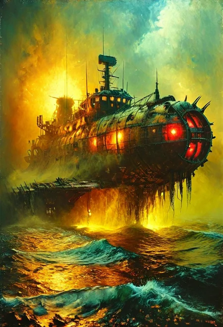 best quality,masterpiece,absurdes,solo,A mechanical military ship swims in an toxic nuclear ocean,worm metal,rust,corrosion,complex and intricate design,panels, engines, windows,antennas,flag,tackle,anchor,detailed reflections,waves,caustics,glow,energy sparks,eerie mist,foggy,strong light beams, surreal and dystopian, post-apocalypse,science fiction, futuristic,high-tech,cybernetic,combination of flesh and steel, by zdzislaw beksinski,Marc Simonette,franz marc,ivan aivazovsky,Dariusz Zawadzki,H.R. Giger,Ridley Scott, storm of the century, Renaissance,impressionism, Cryptic, (Sepia), (Space), (Pointillism),grisaille, red color guide,primary colors,contrast background, ultra detailed, intricate, oil on canvas, dry brush,bright lit,higly visible, contrast lighting,color contrast,colorful,vibrant, (surrealism), (disturbing), dramatic lighting, professional, excellent composition, visualy stunning, unprecedented, extraordinary, innovative, experimental, visionary, boundary-pushing, absolutely outstanding, dynamic, (double exposure), detailed background