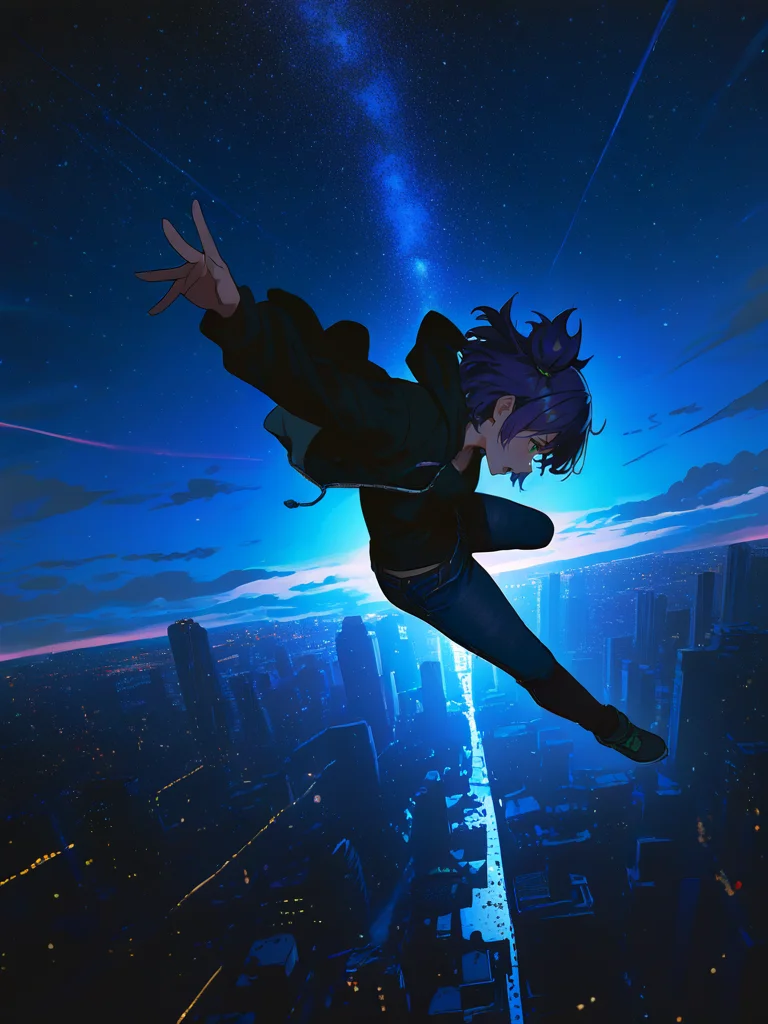 masterpiece, best quality, absurdres, highres, very awa,
<lora:un-30:1> unlblch, 1girl, solo, purple hair, two sides up, short hair, green eyes,
from side, looking away, closed mouth, dutch angle, falling, dark hoodie, open hoodie, jeans, short hair, cityscape, night, starry sky, full body, open mouth, fantasy, cinematic, dynamic pose, dynamic angle, (wide shot:1.5), very awa, masterpiece, best quality, absurdres, newest, perfect quality, detailed background, intricate details, (ruizu \(takakisan503\):0.6), (bamashengze:0.6), (sakuramarusan:0.6), (konohanaya:0.6)
<lora:ponyv6_noobV1_2_adamW:1> <lora:748cmSDXL:0.5> 748cmstyle