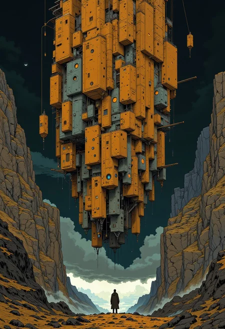 A futuristic building made of cubes fills the entire image. A small person floats in front of it, rich palette and deep, rich textures.
