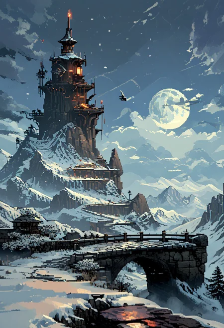 score_9, score_8_up, score_7_up, yamer_pixel_fusion, pixel art, 
A goddess looks towards The summit of a snowy mountain, reached only by the most devoted. A stone platform overlooks the world below, where rituals are held to call upon the power of the wind and sky, surrounded by towering ice spires., 
in the style of a vintage, high-contrast setting, dark and mysterious atmosphere. Resplendent spotlighting, Emphasize theatrical elements with bursts of bright colors against dark, moody backgrounds
, retro futuristic, atompunk, hyper-detailed, scifi, lofi, d3p1x3l, pixel art, a broken moon hangs in the sky