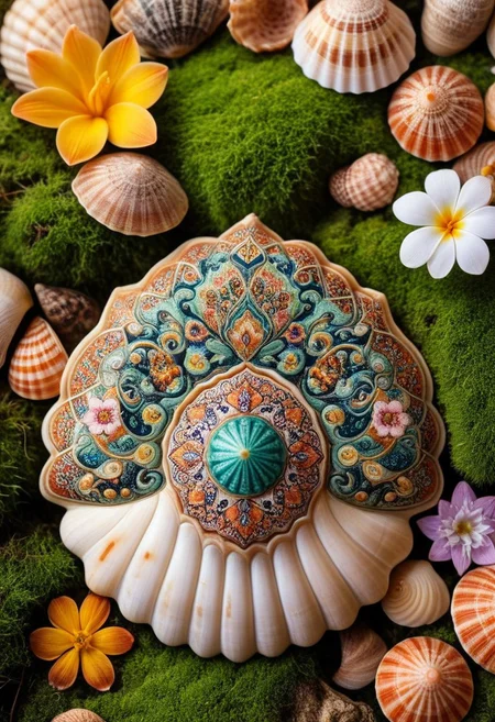 A close up of a cute thing with a shell, mossy, flowers, colorful, sparkling
Persian patterns on shells